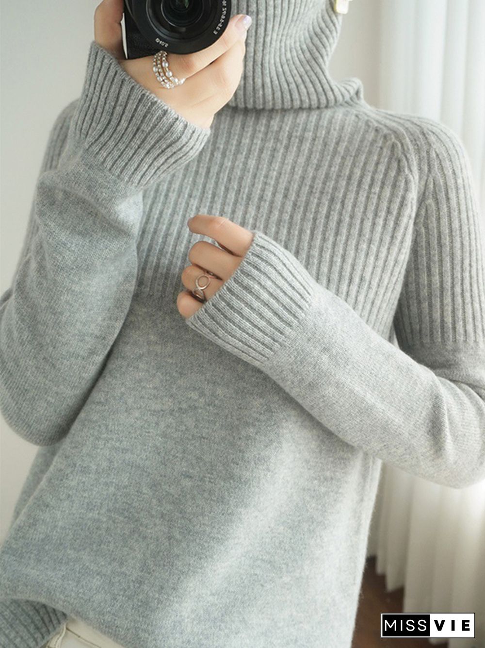 Casual Long Sleeves Loose Solid Color High-Neck Sweater Tops