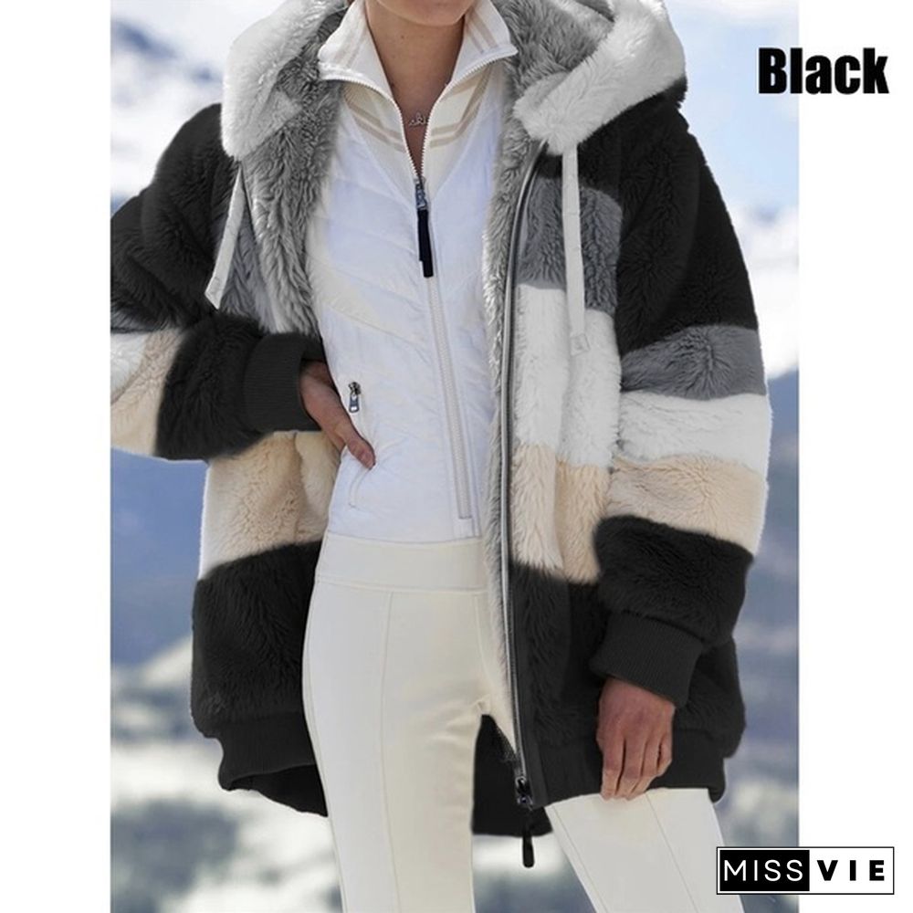 Plus Size Winter Women's Plush Coat Fashion Casual Stitching Plaid Ladies Clothes Hooded Zipper Ladies Parka Coat Cashmere Women Jacket Patchwork Outerwear Feminina Blouson Femme