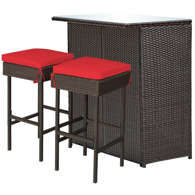 3 Pcs Rattan Patio Bar Dining Set Outdoor Counter Height Table Set with Cushioned Stools & Glass Top Table