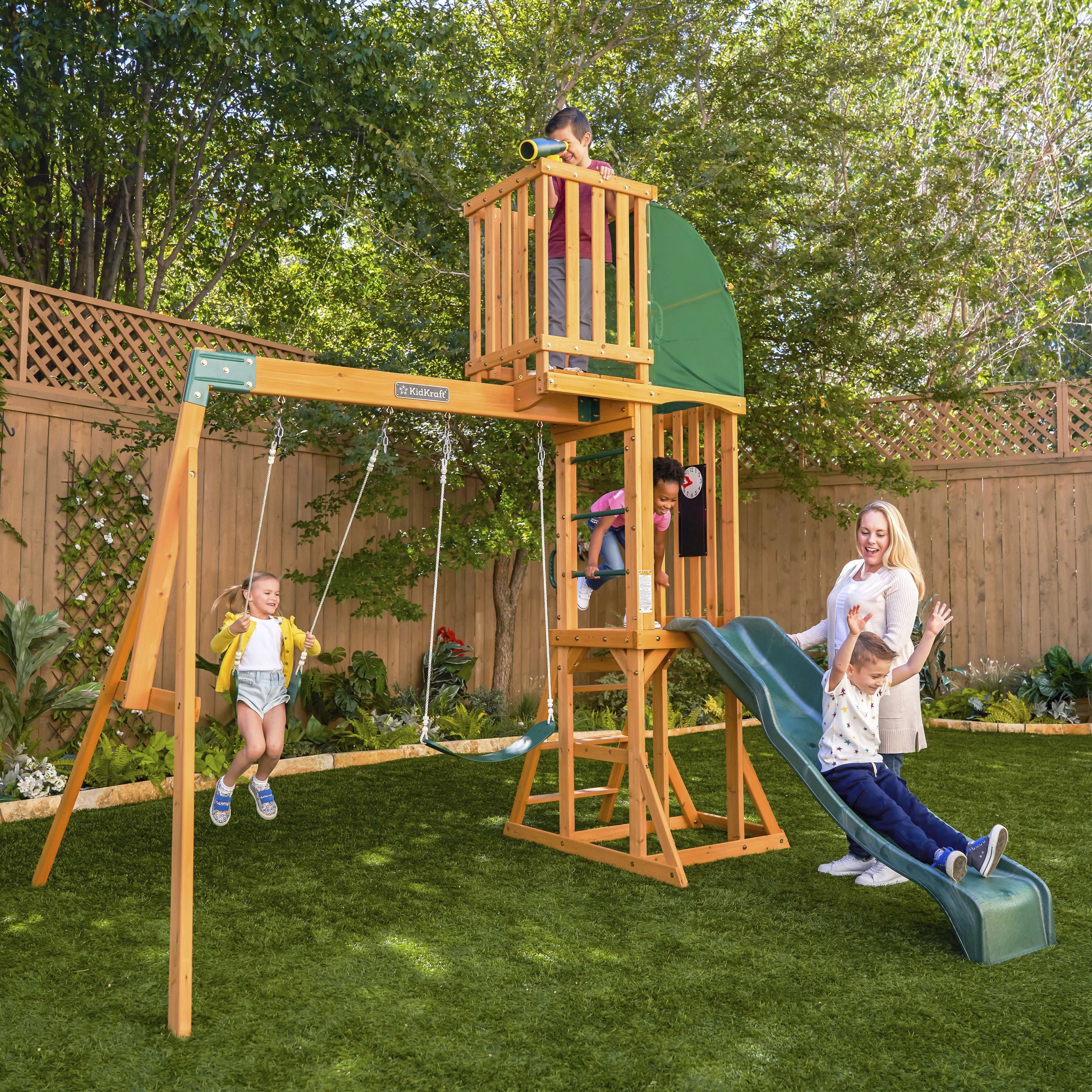 KidKraft Hawk Tower Wooden Swing Set with Slide and 2 Swings