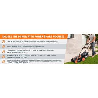 Worx POWER SHARE 40-Volt 14 in. Cordless Battery Walk Behind Mower with Mulching  Intellicut (Battery  Charger Included) WG779