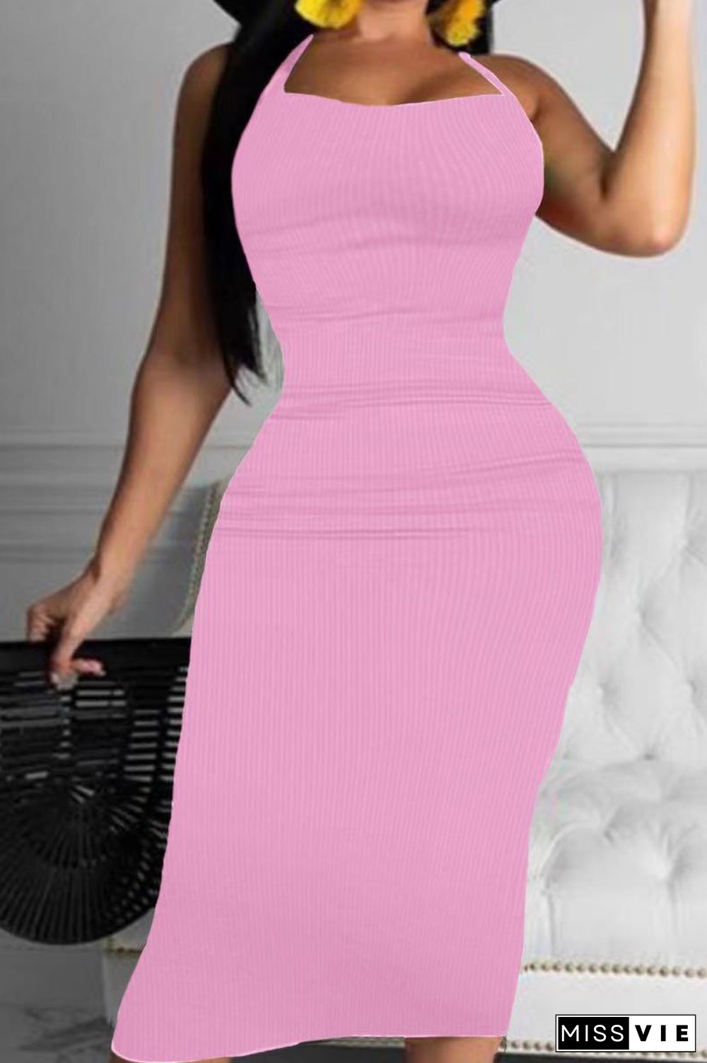 Pink Sexy Solid Patchwork Spaghetti Strap Pencil Skirt Plus Size Dresses