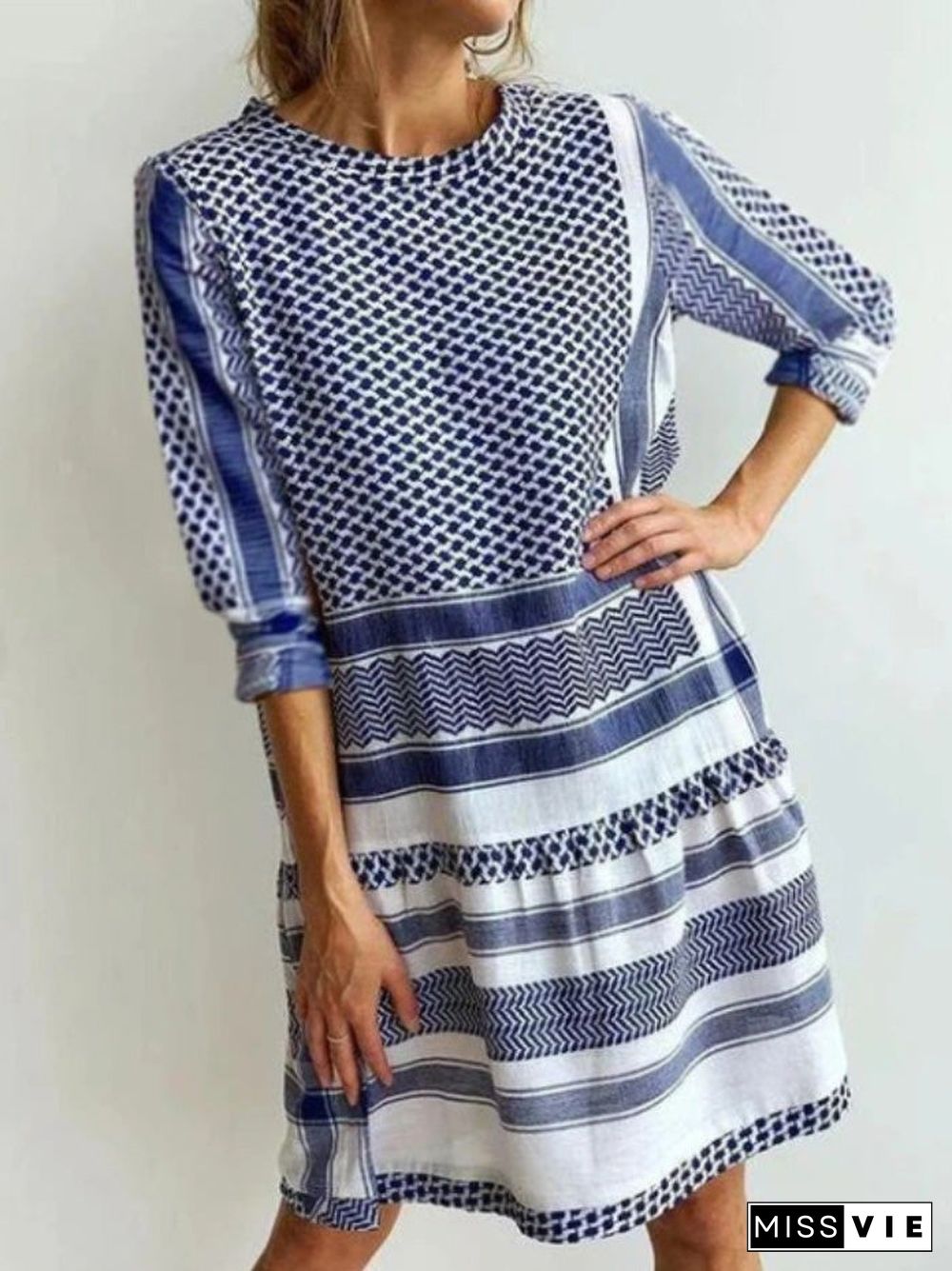 Women'S Dresses Casual Stripe Print Mid Sleeve Mini Dress