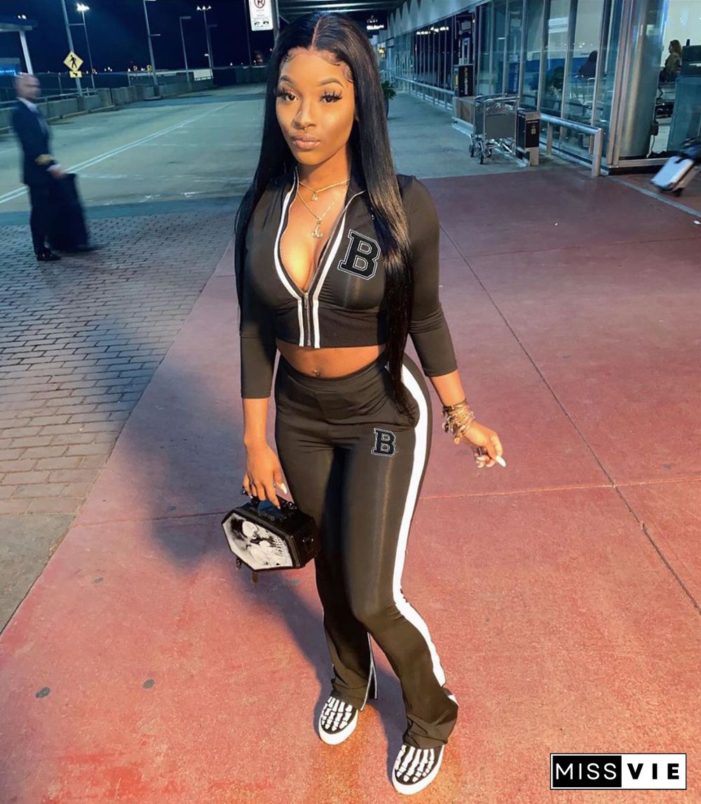 Casual Zip Jackets Crop Top Side Stripe Pants Sweatsuits