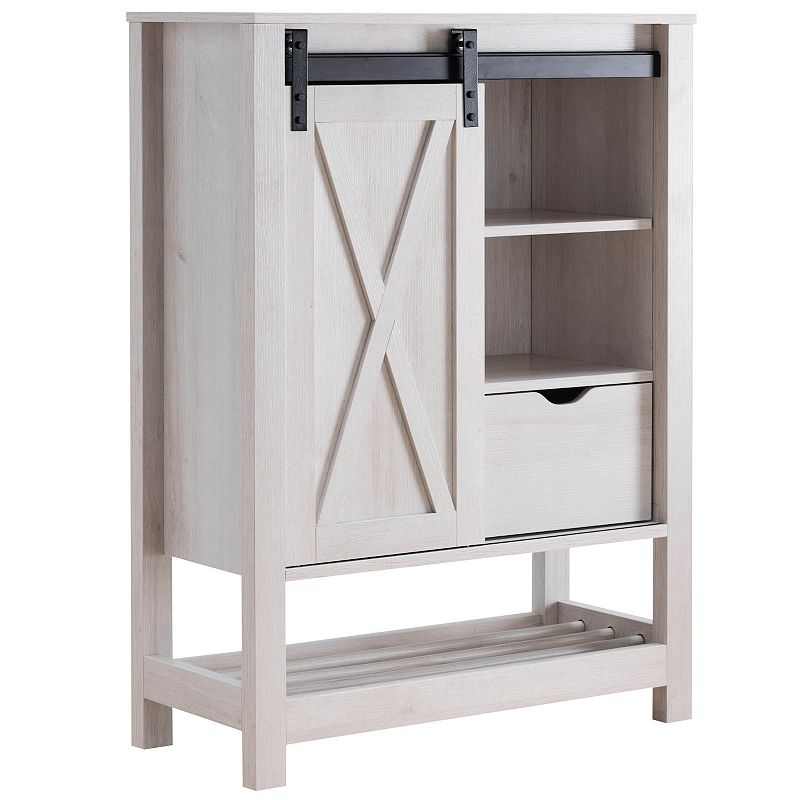 FC Design White Oak Sliding Barn Door Wine Cabinet with 5 Adjustale Shelves and Drawer