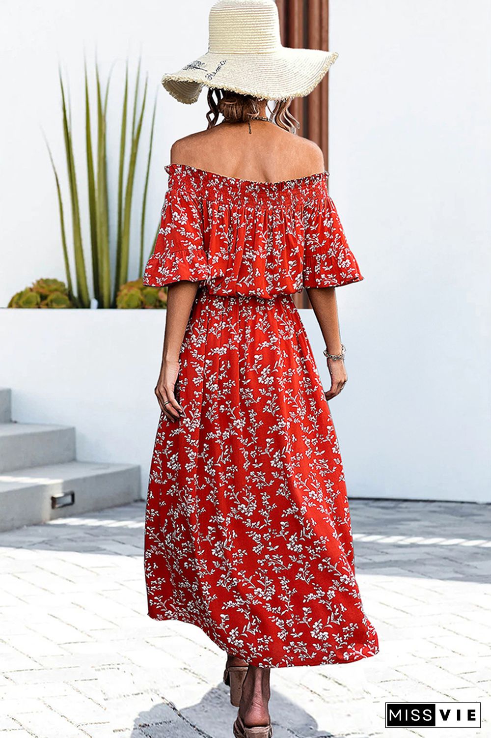 Red Floral Off Shoulder Balloon Sleeves Split Maxi Dress