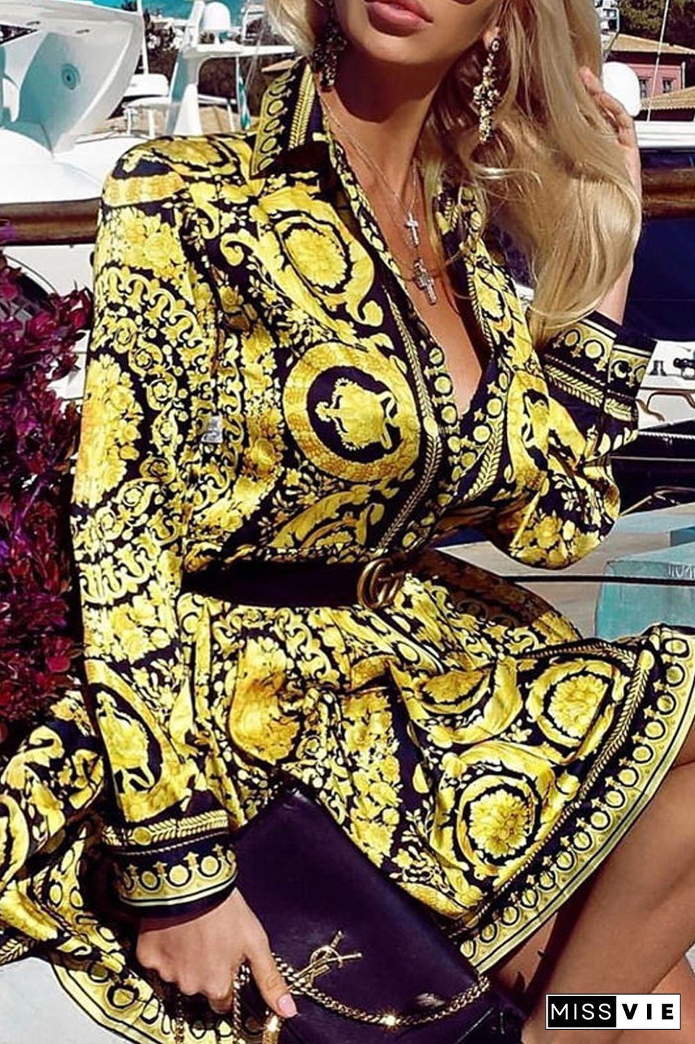 Paisley Print Long Sleeve Dress(Without Belt)