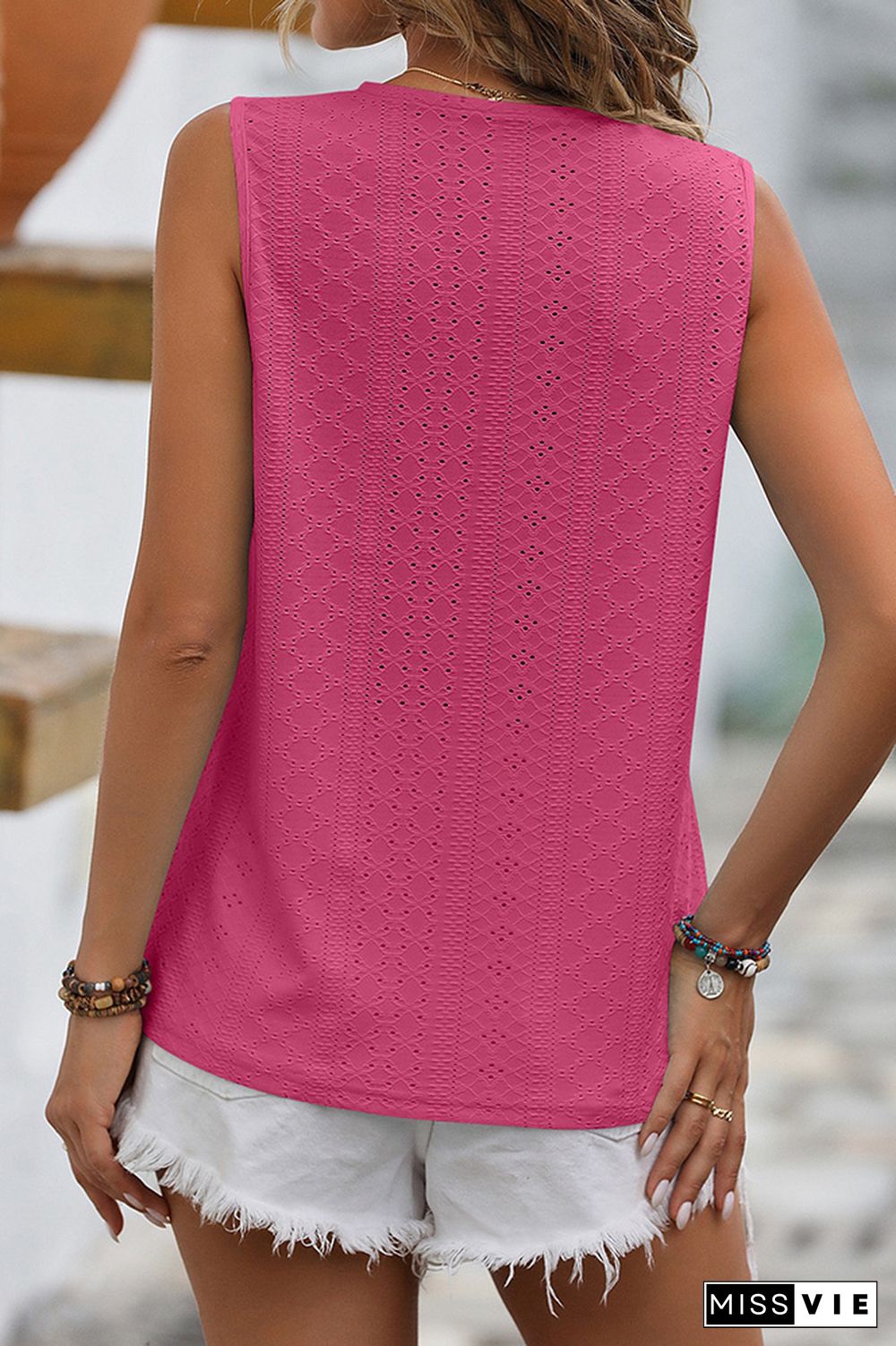 Plain V Neck Lace Edge Eyelet Pattern Tank Top