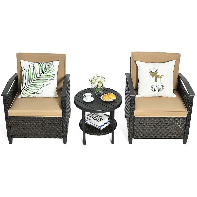 3 Pieces Patio Rattan Furniture Set Cushioned Sofa Storage Table with Shelf Garden