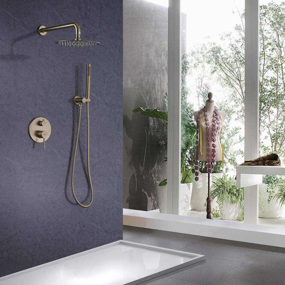 IHOMEadore 1-Spray Patterns with 1.8 GPM 10 in. Wall Mount Dual Shower Heads with Handheld Shower Head Set in Brushed Gold JKRCS81005BG-EB