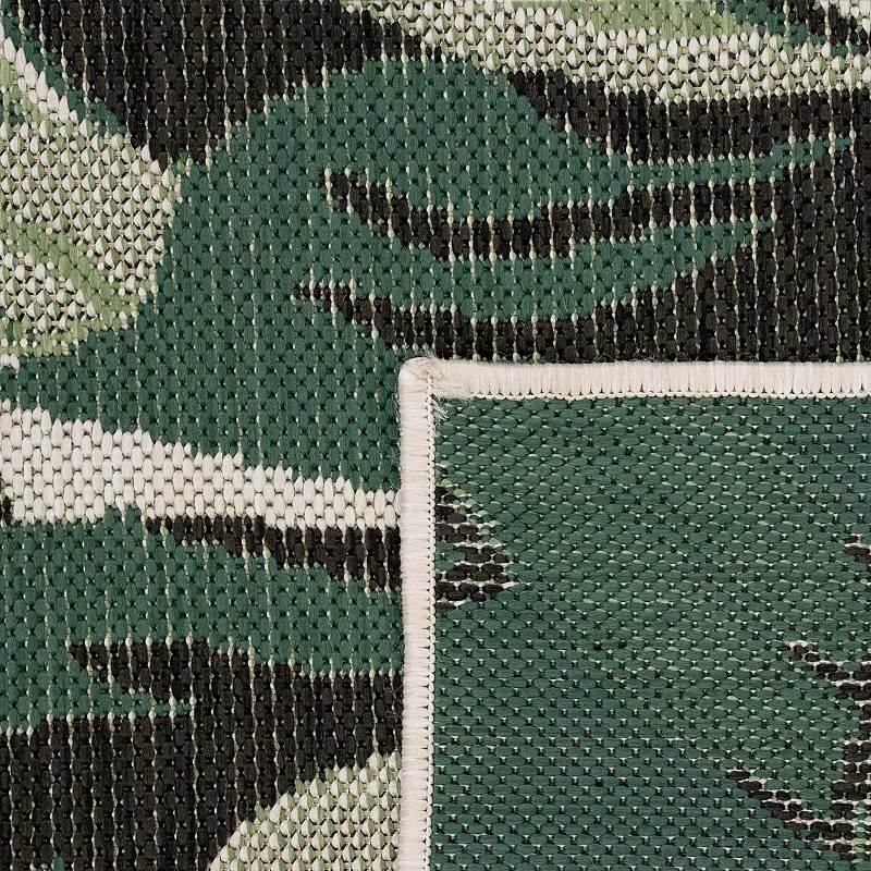 In- and Outdoor Rug Tropical Palm Leaf Design for Patio in Green Beige