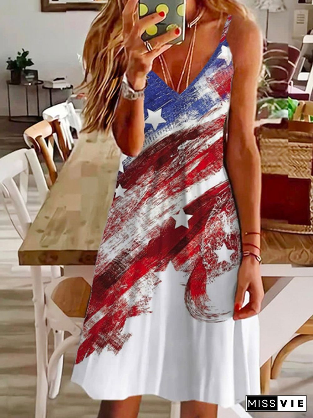 Color-block Stars Flag Sleeveless V Neck Plus Size Casual Dress