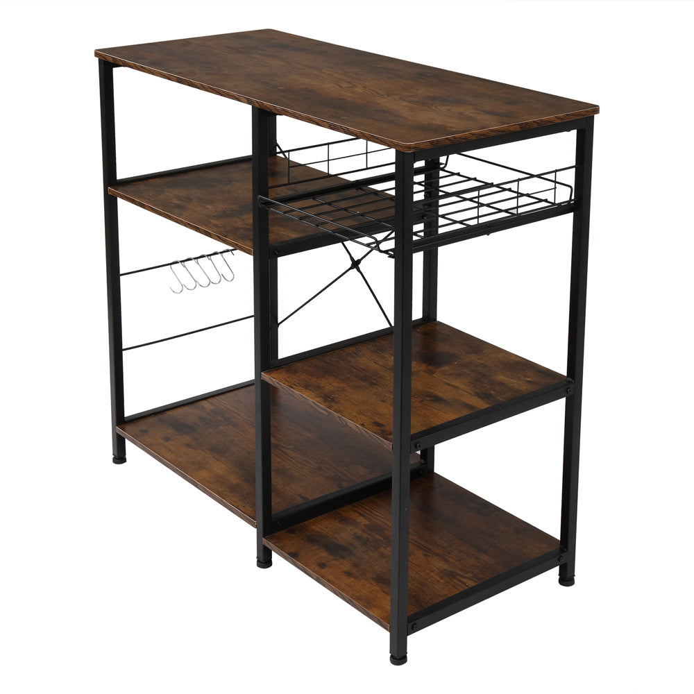 Industrial Kitchen Baker's Rack， Coffee Bar with Wire Basket， Utility Microwave Oven Stand Utility Carts Organizer， Kitchen Island Rack Shelves， Easy Assembly， Vintage Brown