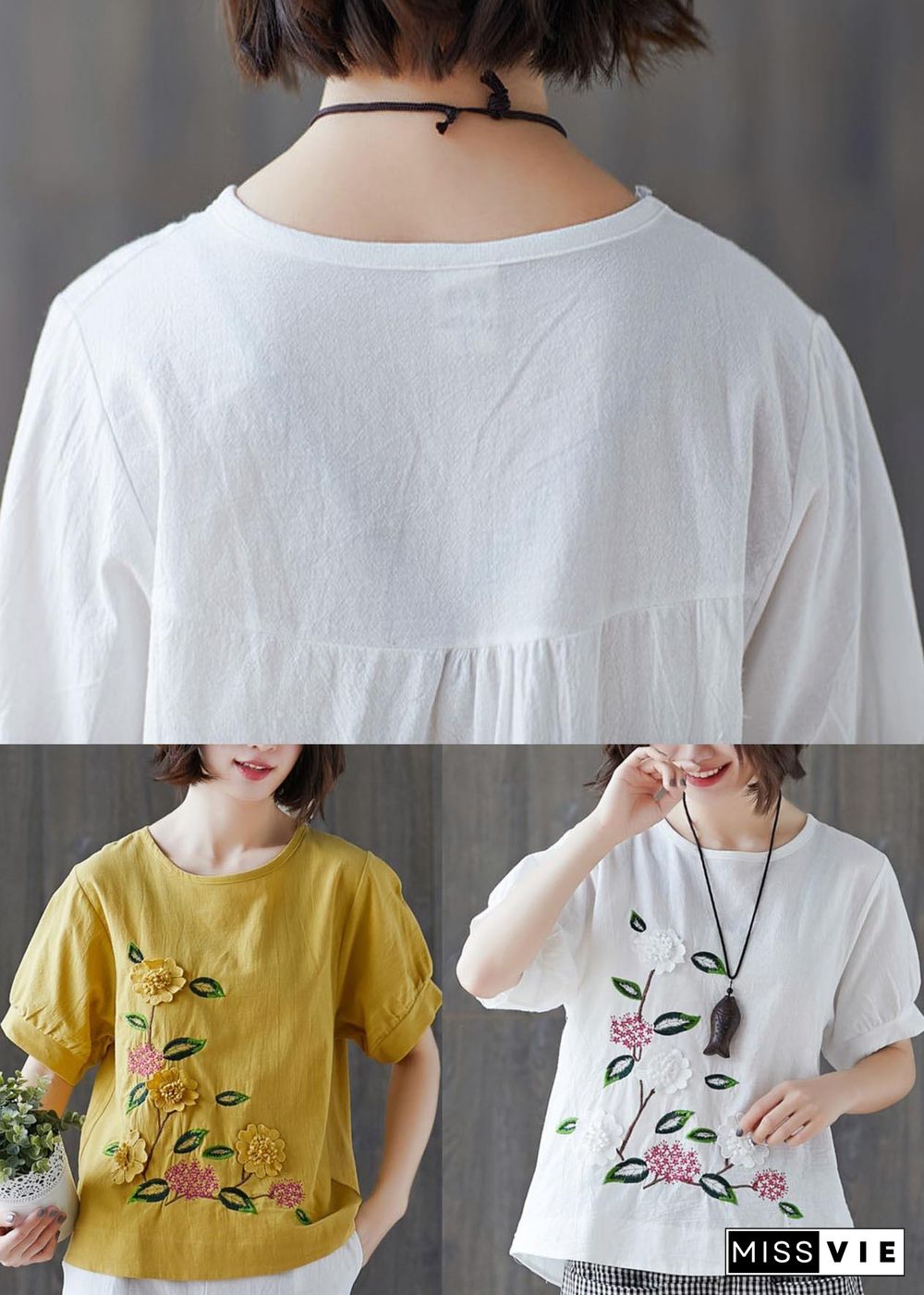 Loose White Embroideried Floral Cotton Linen Tees Summer