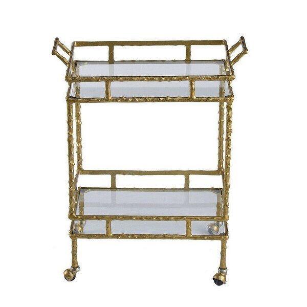 30 Inch 2 Tier Bar Cart， Aluminum Frame， Clear Glass Shelves， Antique Brass - 29.9 H x 23.6 W x 13.8 L Inches