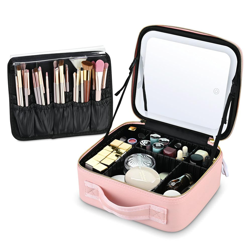 TheLAShop 10 Makeup Case with Lighted Mirror Brush Holder w/ Lid