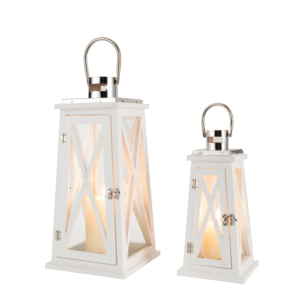 JHY DESIGN Set of 2 Metal Outdoor Candle Lantern， Decorative Wooden and Stainless Steel Candle Lantern with Tempered Glass (White Trapezoid)