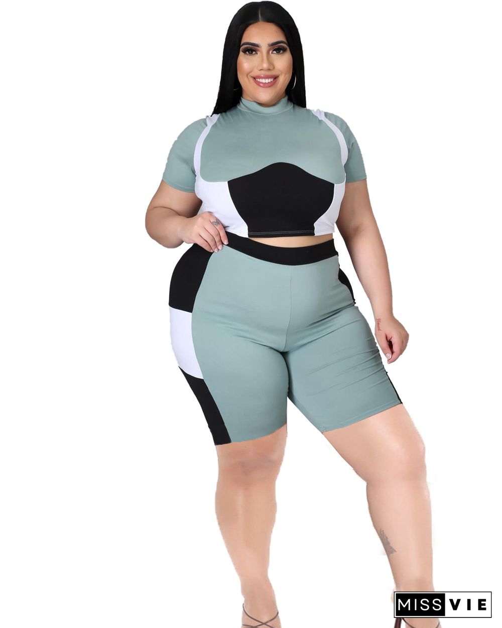 Women Plus Size Set Patchwork Short Sleeve Crop Tops Stretchy Shorts Tracksuit Summer Two Piece Outfits