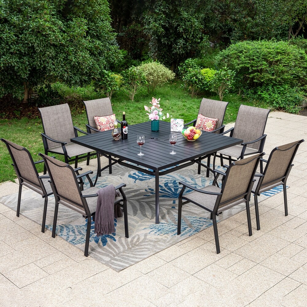 9 Piece Patio Dining Set  60 Inch Square Metal Table and 8 Textilene Fabric Padded Armchairs