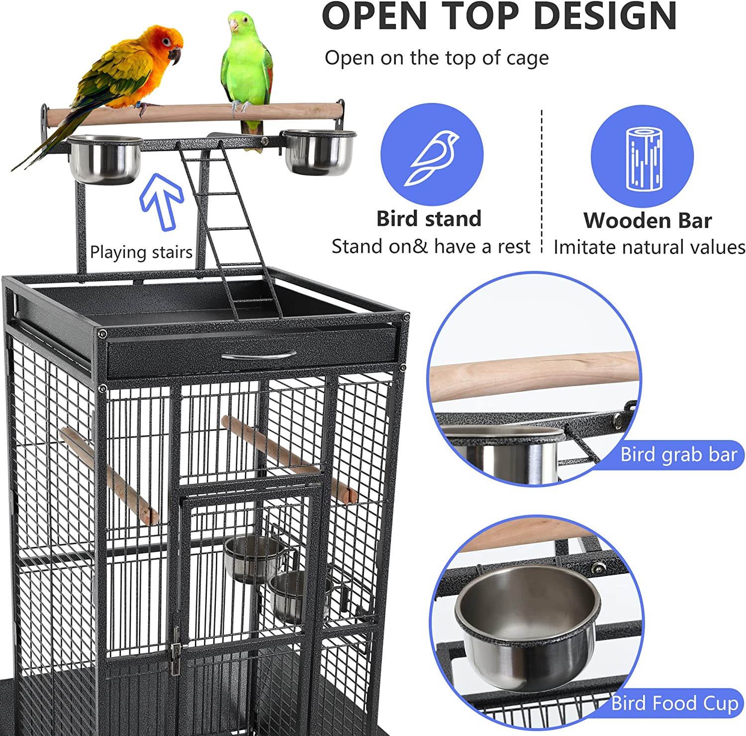 YRLLENSDAN 61-inch Wrought Iron Large Bird Cage with Play Top and Rolling Stand Parrot Cage Bird Cages， Black