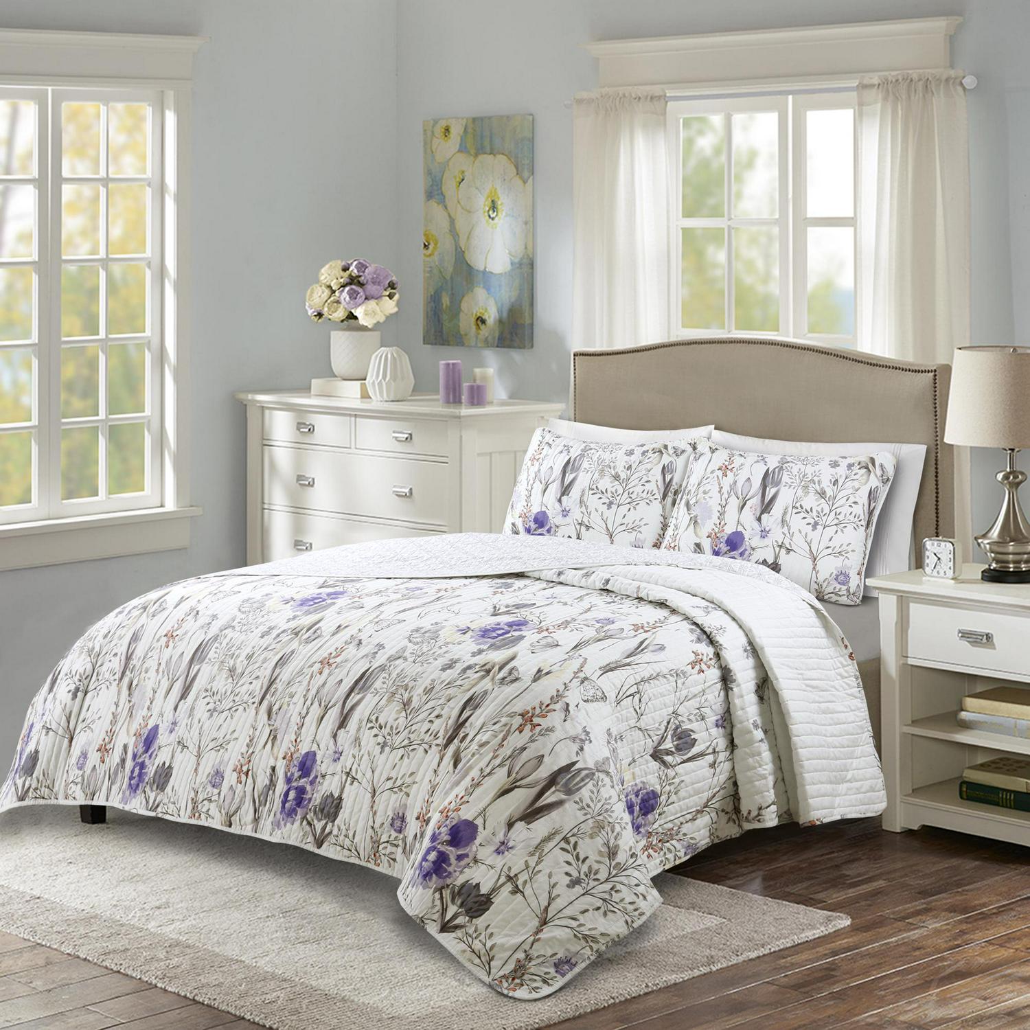 Lush Decor Adalia Floral Cotton Reversible Quilt， Full/Queen， Purple/Gray， 3-Pc Set