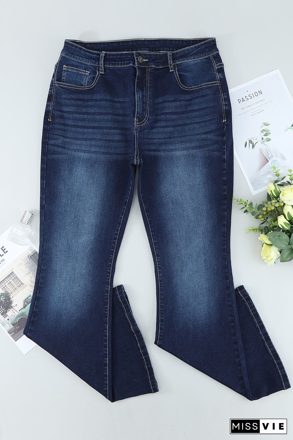 Plus Size Deep Wash Mid-waist Flared Jeans