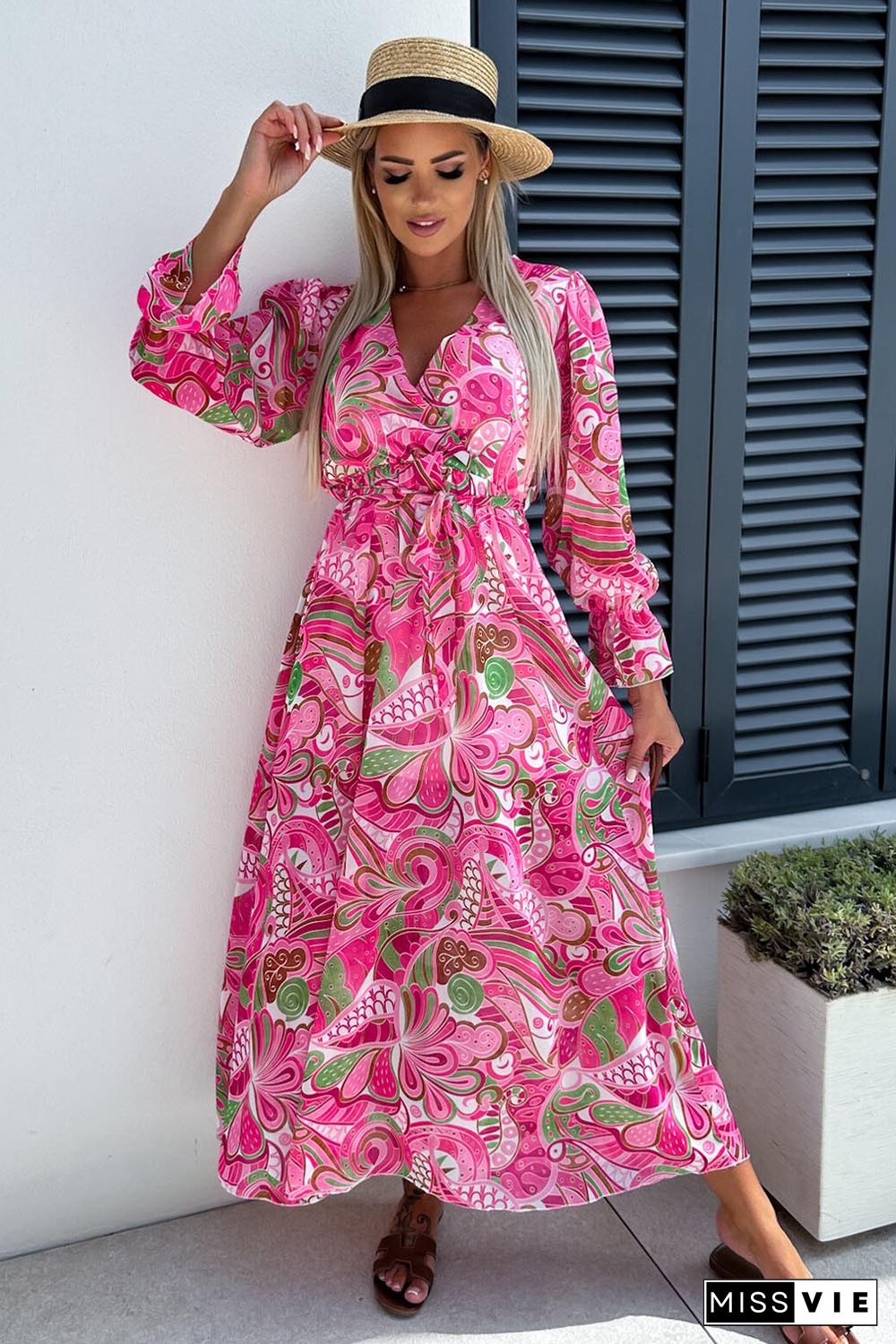 Rose Surplice V Neck Floral Maxi Dress