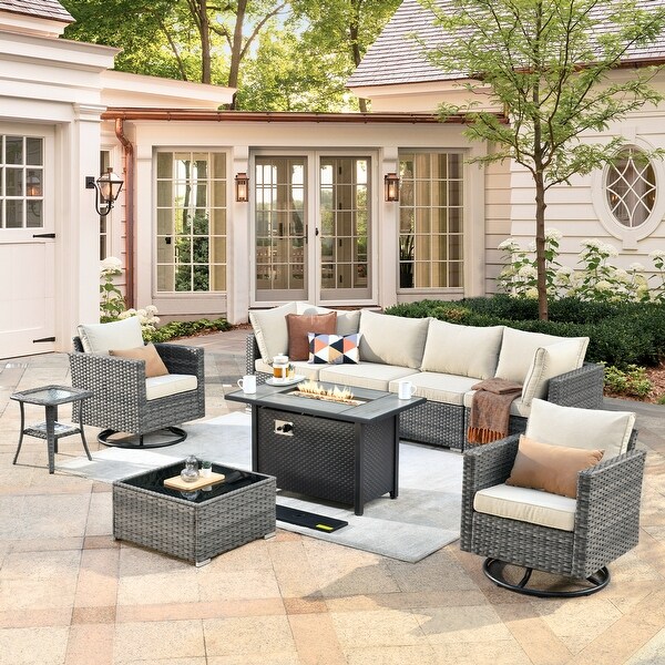 XIZZI 9 Pieces Patio Wicker Furniture Swivel Rocker with Firepit Table