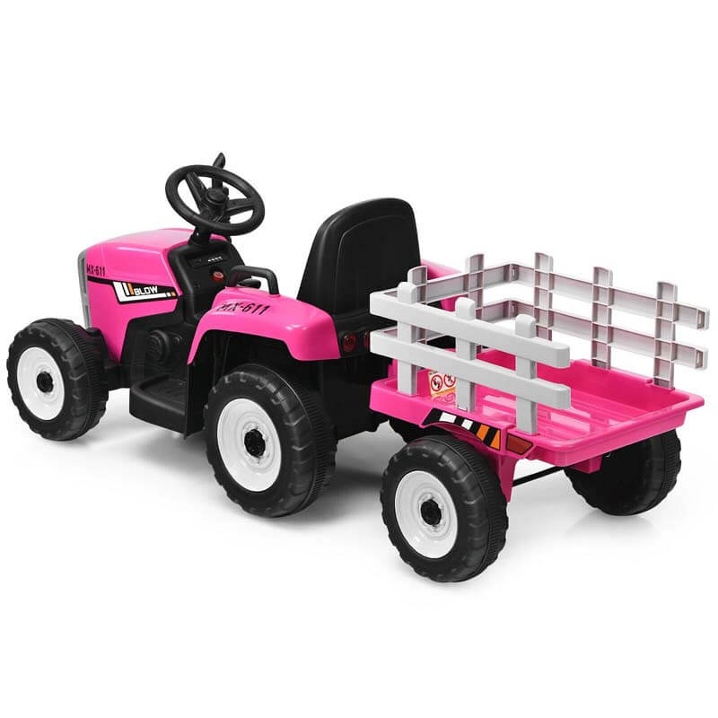 Kids Ride on Tractor w/Trailer 12V Battery Powered Electric Riding Toy Car Vehicle with 3-Gear-Shift Ground Loader