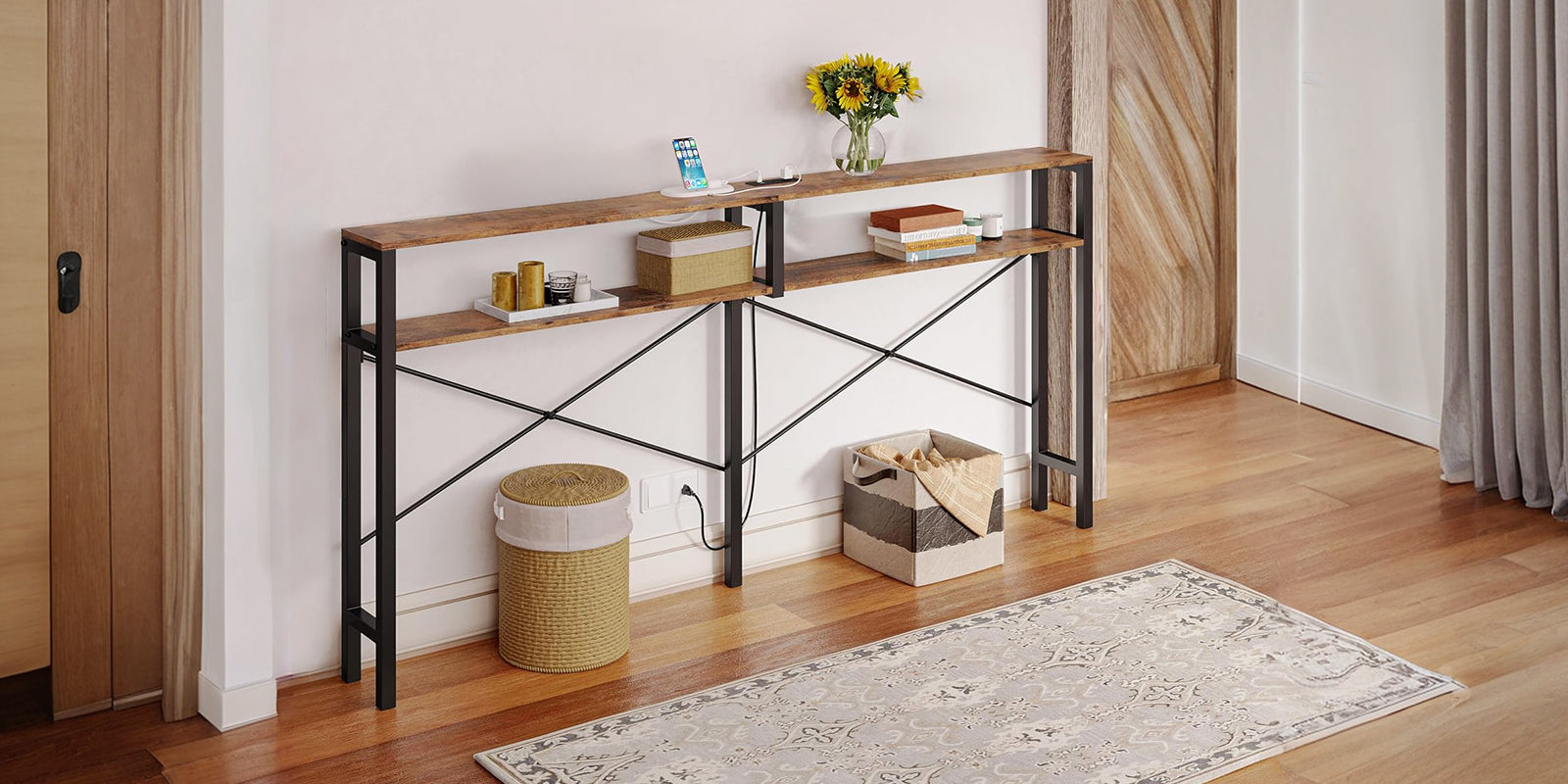 Industrial Console Table X-shaped Entryway Table Narrow Sofa Table with Power Outlet and Shelves