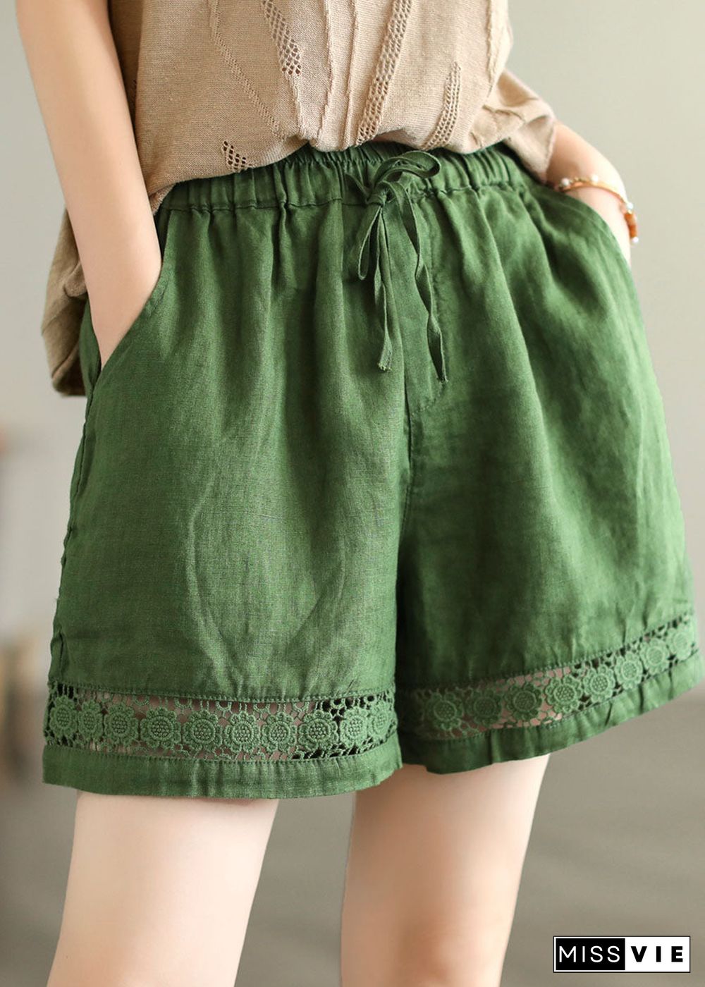 Fine Green Pockets Cinched Lace Patchwork Linen Shorts Summer