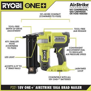 RYOBI ONE+ 18V 18-Gauge Cordless AirStrike Brad Nailer with 2.0 Ah Battery P321-PBP006