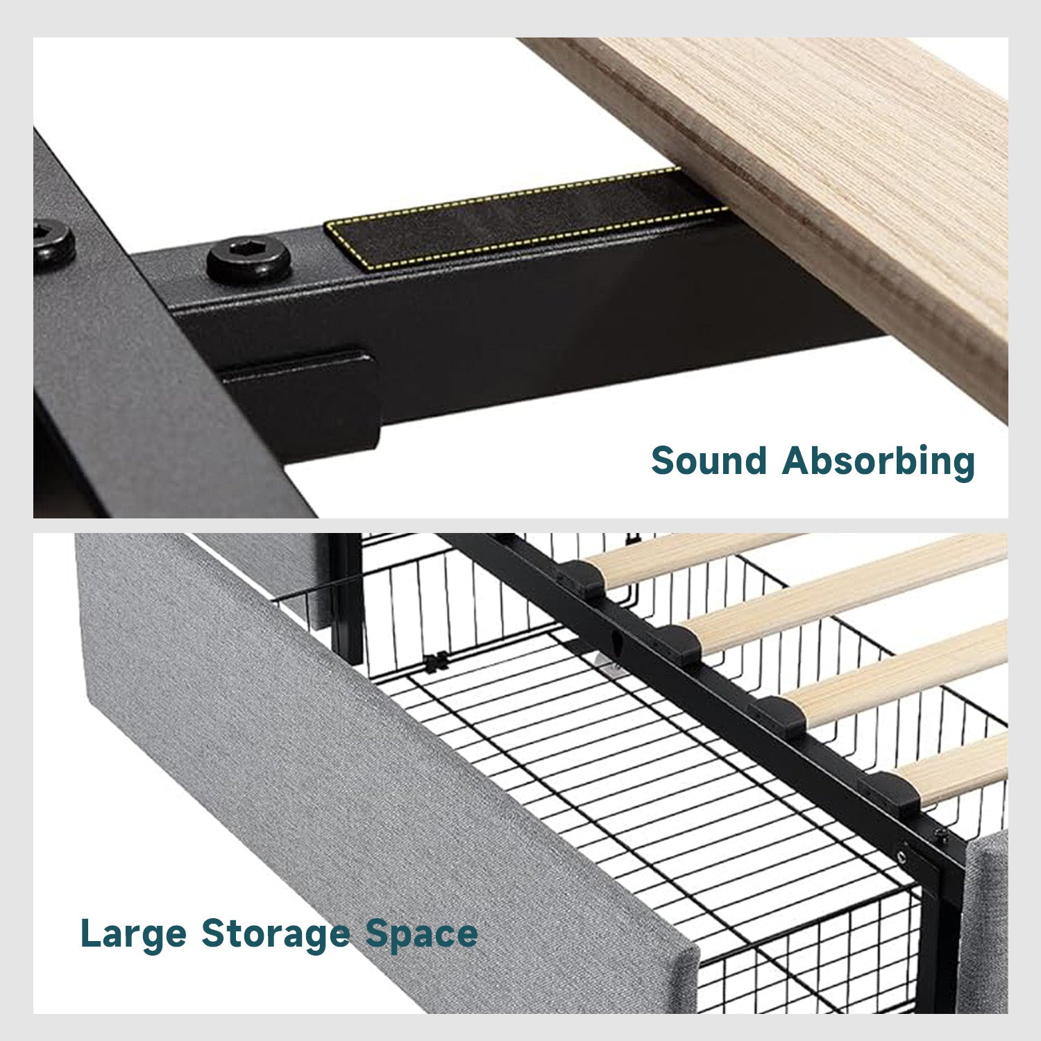 Upholstered Bed Frame with 4 Drawers Storage and Headboard with Wood Slat Support, No Box Spring Needed