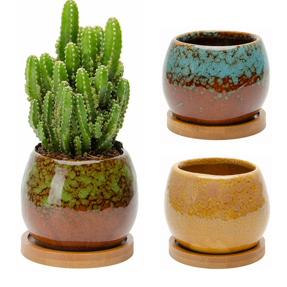 KRALIX Ceramic Small Round Succulent Planters - Round Glazed Pots with Drainage Hole and Bamboo Tray for All House Plants, Cactus, Flower and Herbs - 3 Piece Gift Set (Glossy)