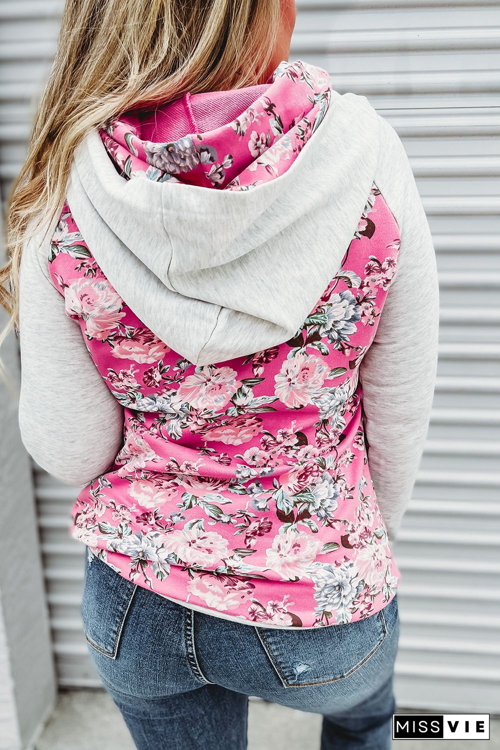 Pink Plus Size Floral Raglan Sleeve Patchwork Hoodie