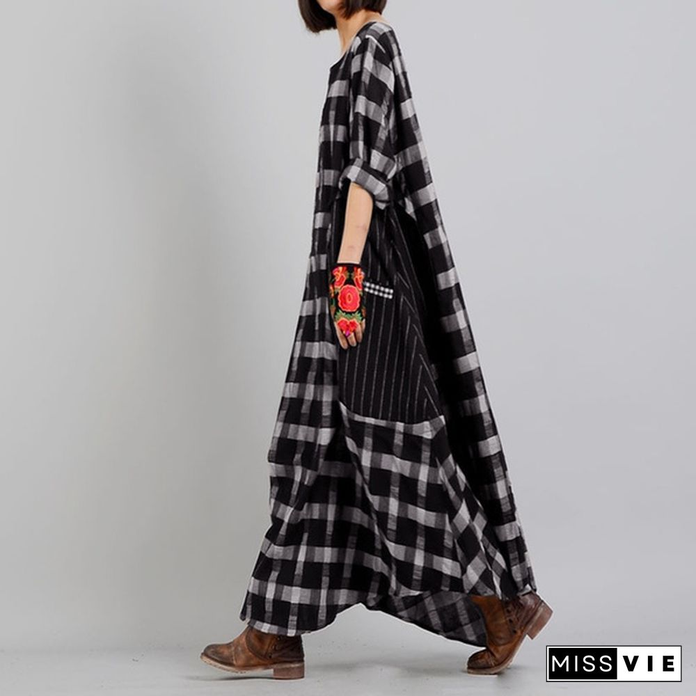 Zanzea Women Casual Loose Baggy Kaftan Maxi Dress Long Sleeve O Neck Check Plaid Dresses