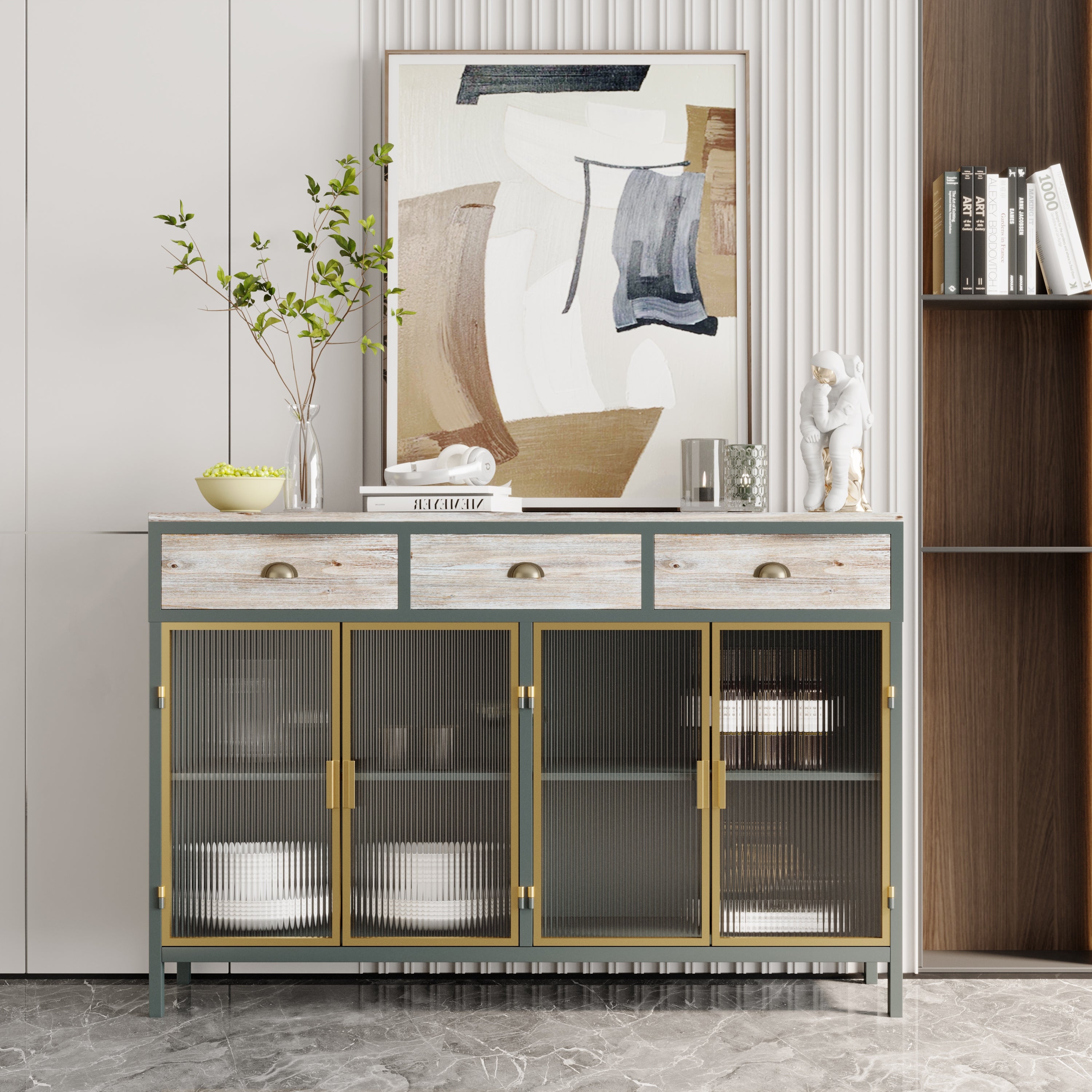 Modern Sideboard with 3 Top Drawers and 4 Glass Doors