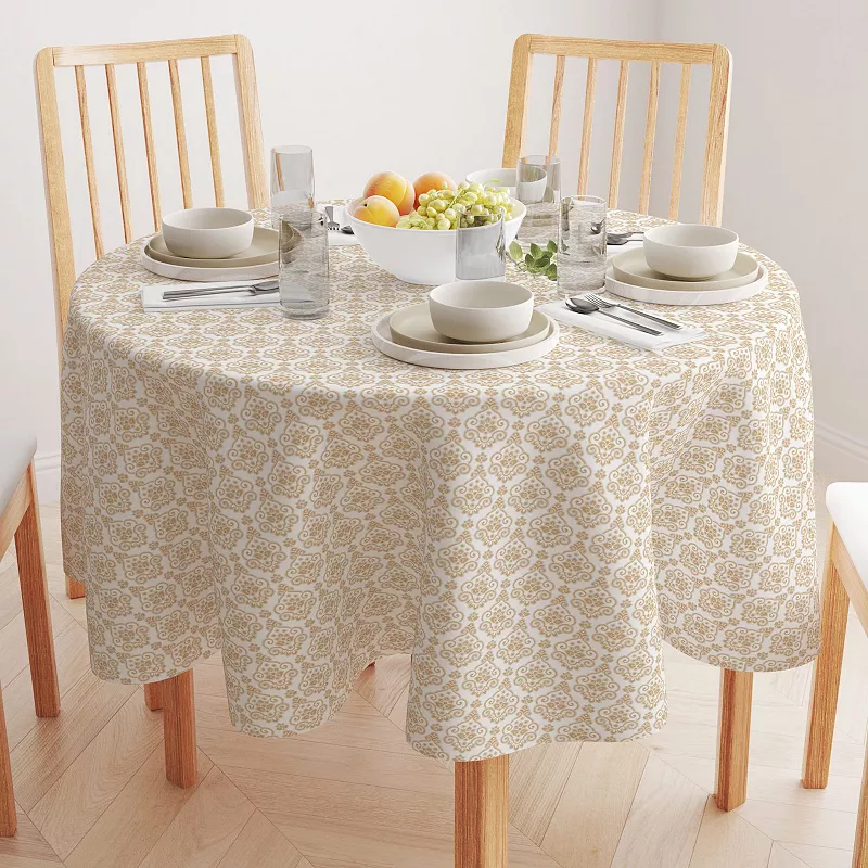 Round Tablecloth， 100% Cotton， 60 Round， Elegant Golden Design