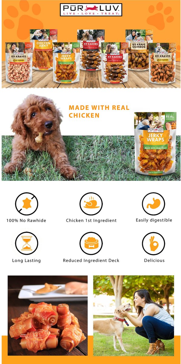 Pur Luv Sweet Potato Chews Jerky Wraps Dog Treats， 16-oz bag