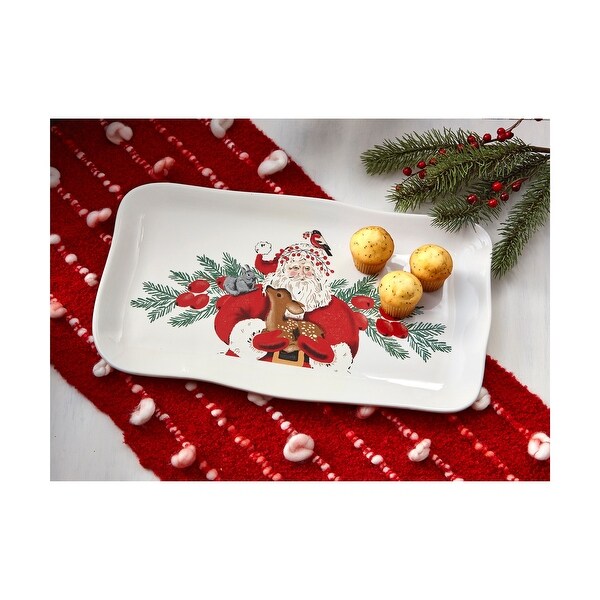 Christmas Woodland Santa with Critters Deer and Bird with Greenery Dolomite Rectangle Serving Platter，17.0L x 10.0W in.