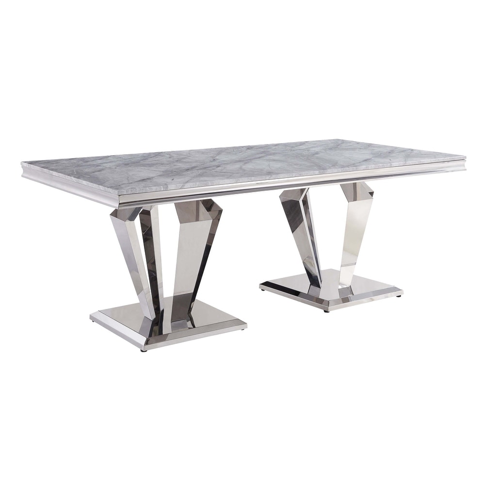 Luisa Light Grey Faux Marble and Mirrored Silver Dining Table