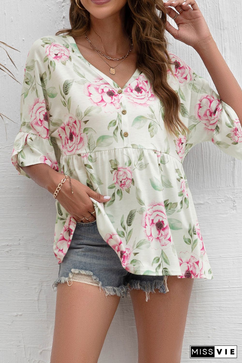 Floral Print V Neck Button Ruffle Blouse Wholesale