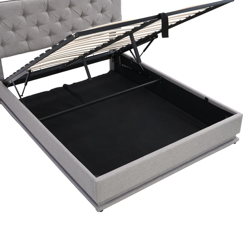 Queen Size Gray Storage Bed w/ Hydraulic Storage System Platform Bed Frame