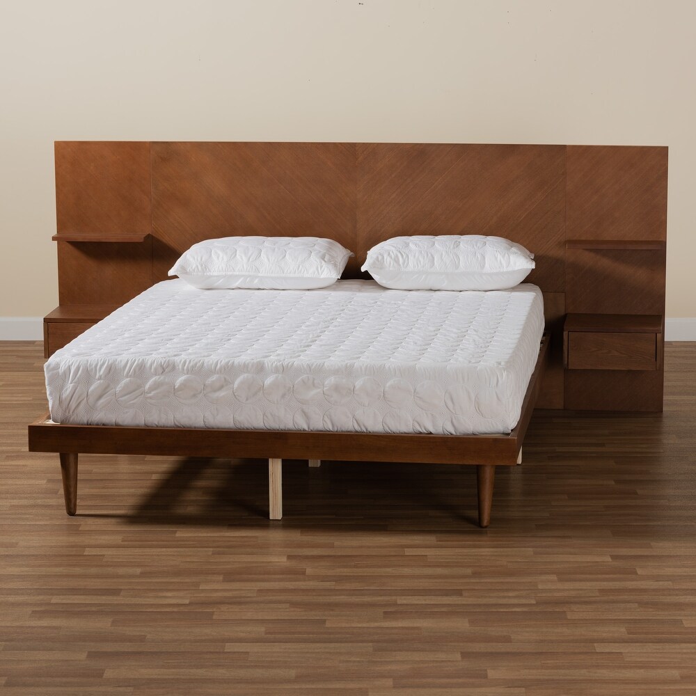 Graham Mid Century Modern Transitional Ash Walnut Finished Wood Queen Size Platform Storage Bed with Built In Nightstands