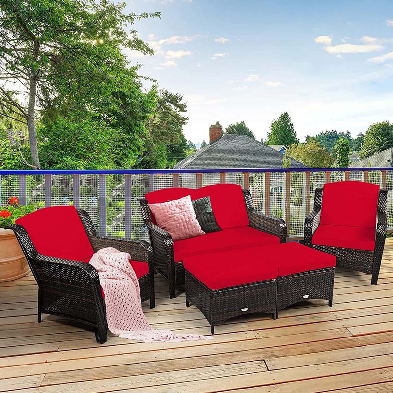 5 Pcs Rattan Wicker Patio Furniture Set with Loveseat, Single Sofas & Ottomans, Outdoor Conversation Sets