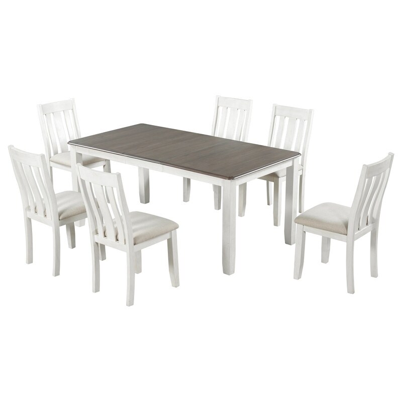 7 Piece Retro Style Dining Table Set with Extendable Table and 6 Upholstered Chairs  Brown+White