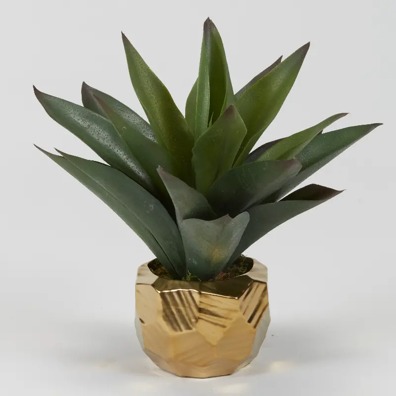 Green Faux Aloe Plant Arrangement in Gold Ceramic Planter