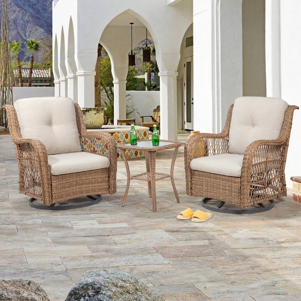 COZYWOR 3 Piece Yellow Wicker Outdoor Patio Swivel Rocking Chair