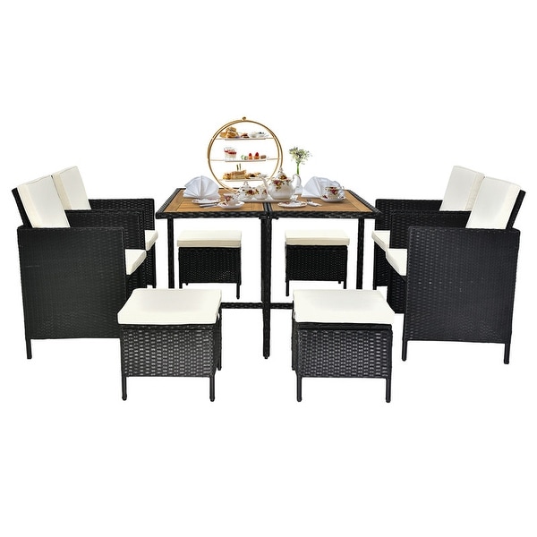 Outdoor 8Person Wicker and Acacia Wood Dining Set with Cushions