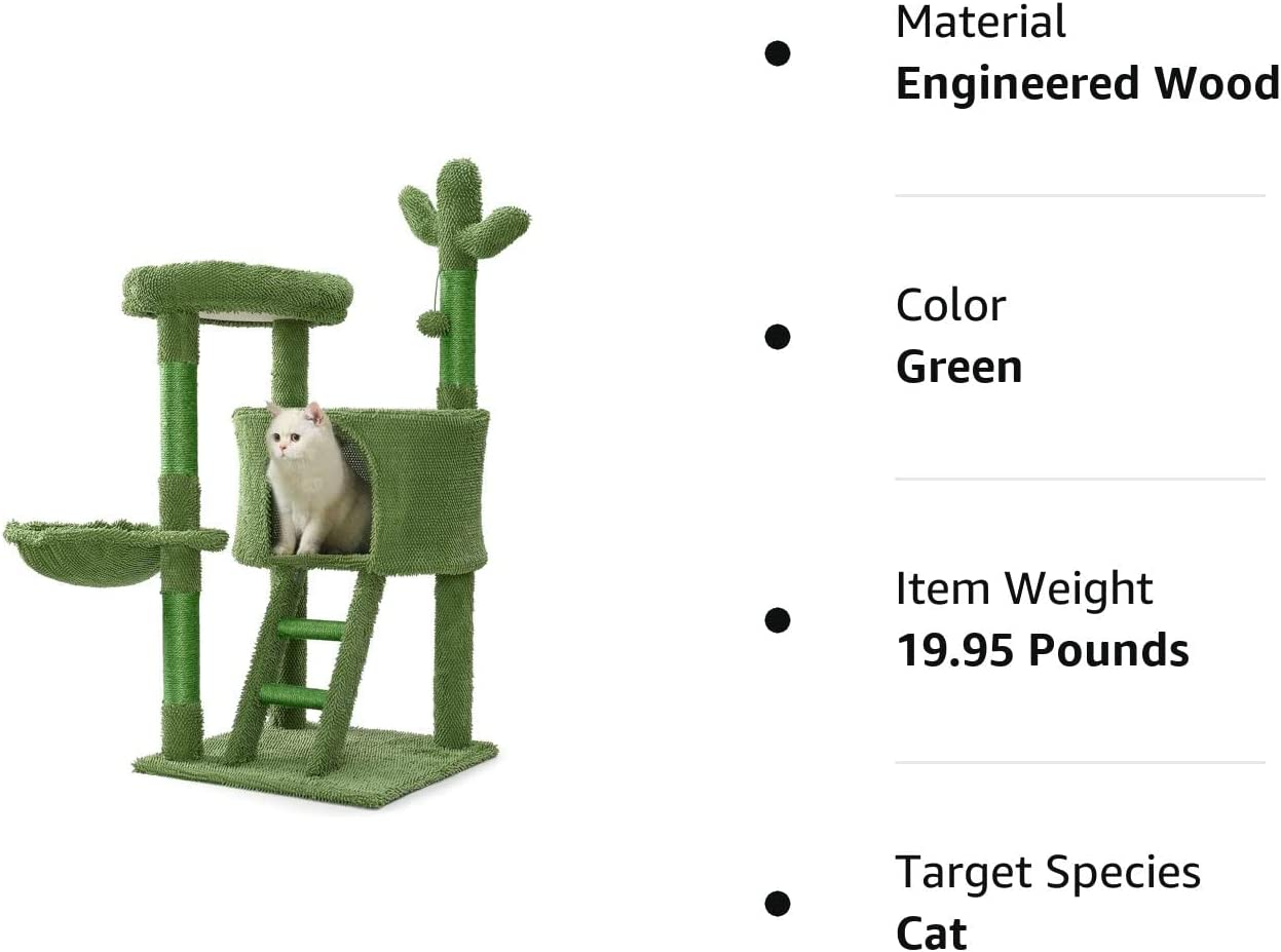 | Cat Tree Tower 43” for Indoor Cats | Cat Condo with Hammock and Cactus Scratching Posts Tree for Kittens | Tall Cat Climbing Stand with Cute Hanging Ball & Toys for Play House